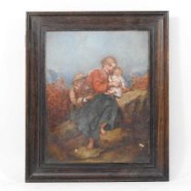 English school, 19th century, mother and her children in a rocky landscape, oil on panlel, 26 x