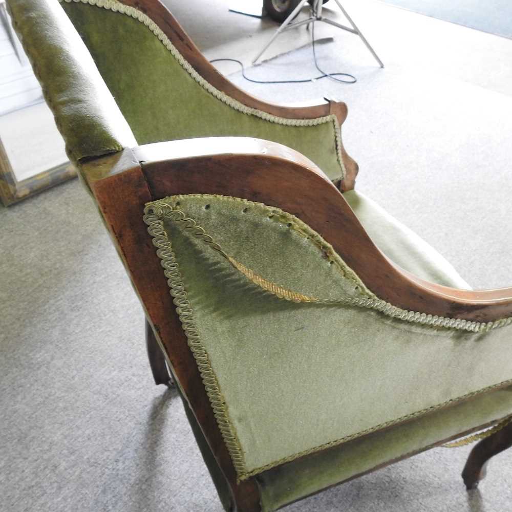 A pair of Edwardian marquetry green upholstered armchairs, on cabriole legs (2) - Image 7 of 7