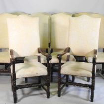 A set of ten 17th century style high back yellow upholstered oak dining chairs, to include a pair of