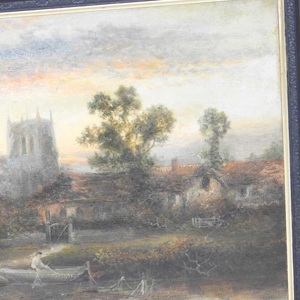 William Langley, act. 1880-1920, church landscape on the Thames, signed oil on canvas, 40 x 60cm - Image 5 of 6