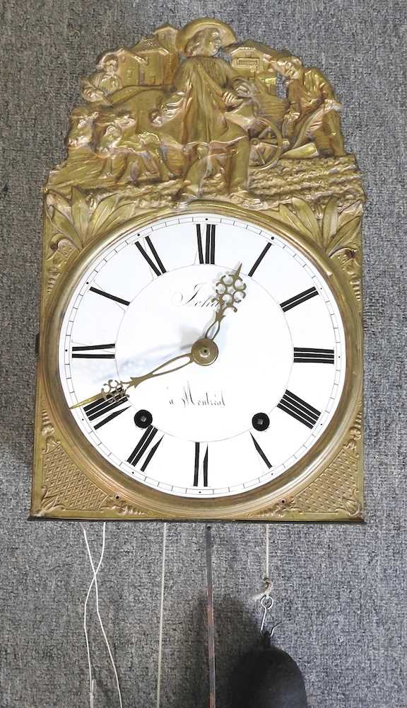 A 19th century French wall clock, with a white enamel dial and weight driven movement, 25cm wide - Bild 9 aus 11