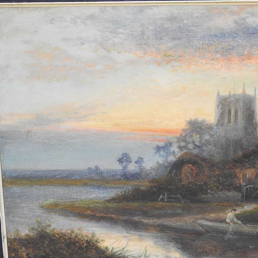 William Langley, act. 1880-1920, church landscape on the Thames, signed oil on canvas, 40 x 60cm - Image 4 of 6