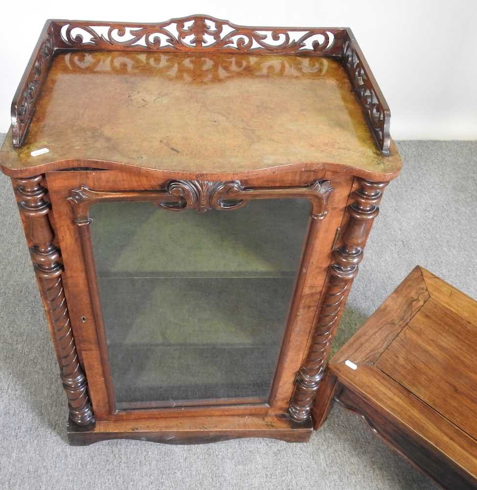 A Victorian burr walnut serpentine pier cabinet, with a fret carved gallery, 59cm wide, together - Image 4 of 6
