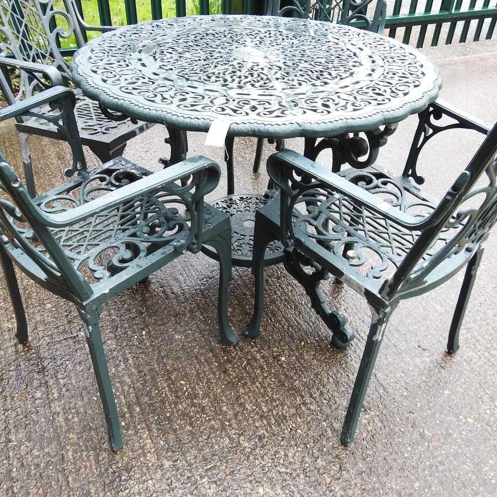 A green painted metal garden set, comprising a table, 92cm wide and four armchairs (5) - Image 2 of 3