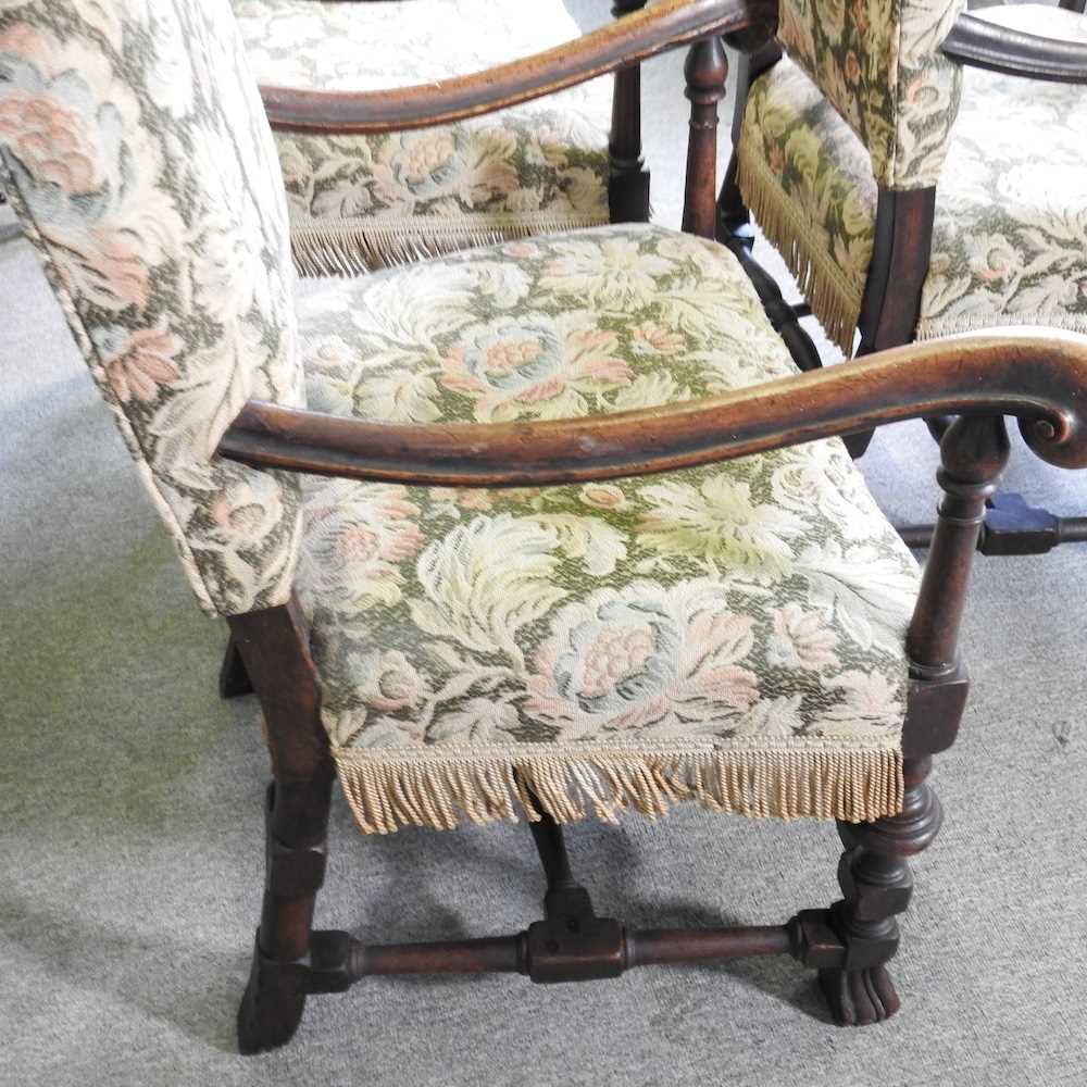 A set of six Carolean style carved walnut elbow chairs, with floral upholstery (6) - Image 4 of 5