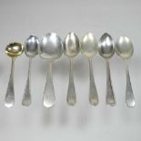 A collection of five various silver teaspoons, together with a silver salt spoon and silver caddy