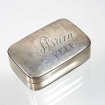 A George III silver snuff box, of hinged rectangular shape, with a gilt interior, inscribed Burn, St