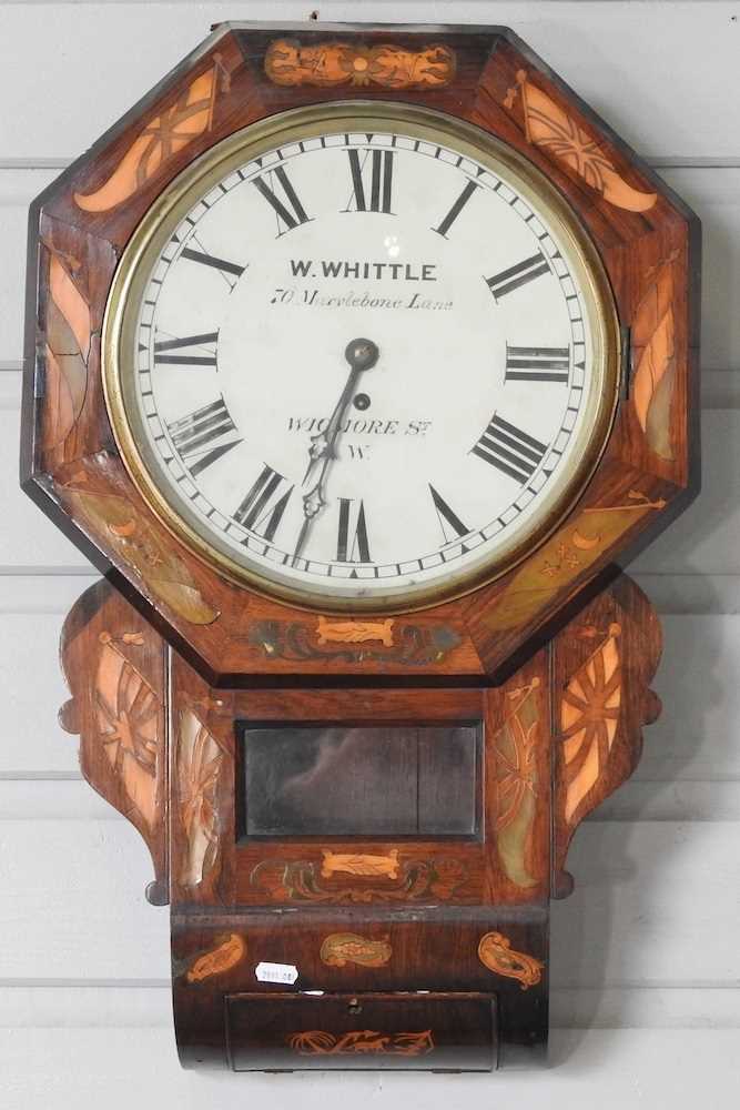 A 19th century rosewood, cut brass and inlaid drop dial wall clock, the case inlaid with flags and - Image 3 of 6