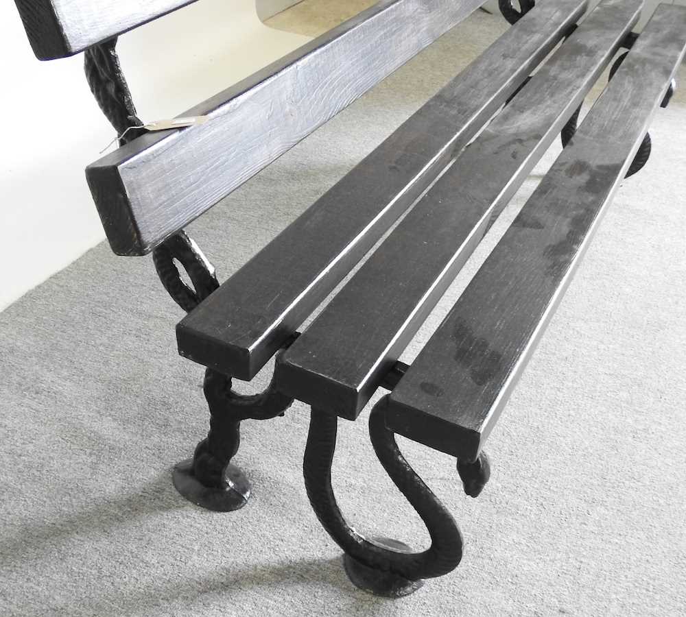 A Coalbrookdale style serpent cast iron garden bench, with a slatted wooden seat, 160cm wide - Image 4 of 5