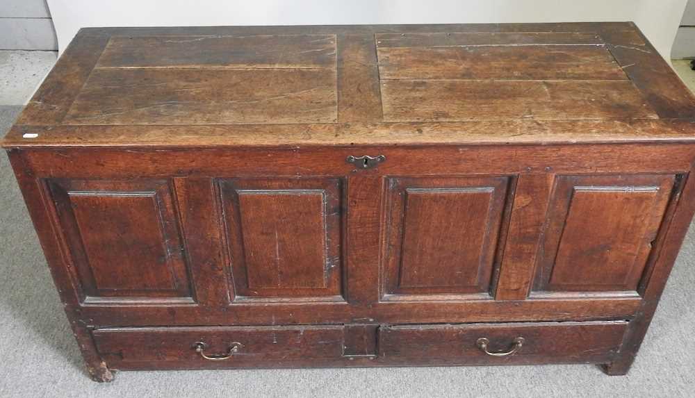 An 18th century oak mule chest, with a panelled front and drawers below 133w x 51d x 72h cm - Image 3 of 5