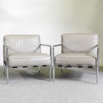 A pair of contemporary B & B Italia chrome and leather upholstered open armchairs (2) Overall