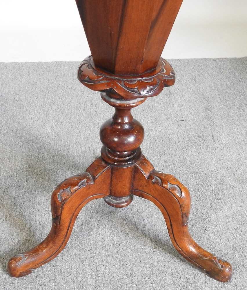 A Victorian burr walnut trumpet shaped workbox, with a fitted interior, on a tripod base, 42cm wide - Image 3 of 5