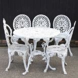 A white painted metal circular garden table, together with a pair of chairs and three others similar