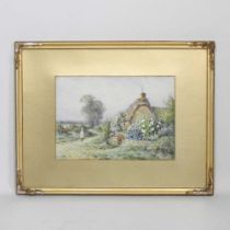 Joan Molyneux Stannard, 1903-1942, a figure on a path by a cottage, signed watercolour, 29 x 39cm