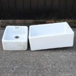 A white glazed belfast sink, 70cm wide, together with another smaller (2)