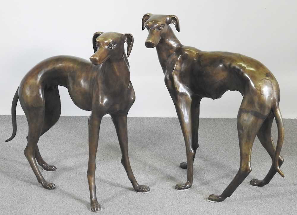 A pair of life sized bronze sculptures of greyhounds, each shown standing, 84cm high (2) - Image 3 of 6