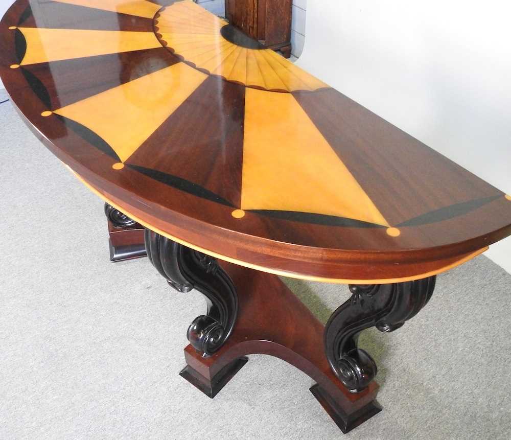 A continental parquetry console table, 20th century, with a half round radially veneered top, on - Image 3 of 6