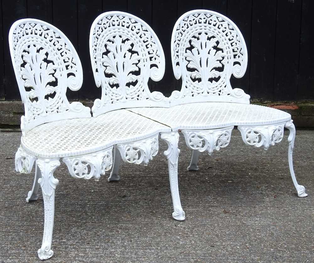 A white painted triple chair back metal garden seat, 136cm wide 133w x 56d x 84h cm Overall - Image 3 of 5