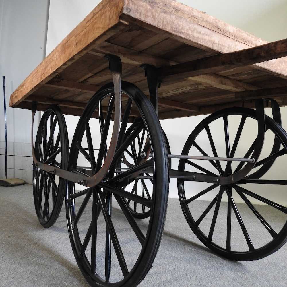 A thela wooden hand cart, on a metal base, with spoked wheels 160w x 98w x 79h cm - Image 2 of 3