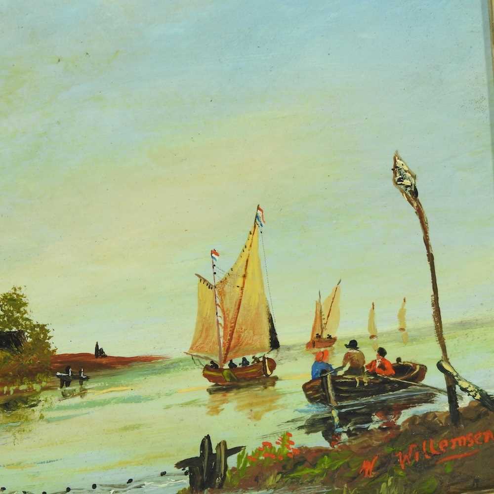 Dutch school, 19th century, river landscape with fishermen, oil on board, 19 x 29cm - Image 8 of 10