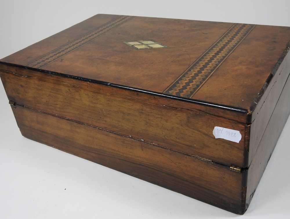 A Victorian tunbridge decorated walnut writing slope, with a fitted interior, 35cm wide - Image 7 of 7