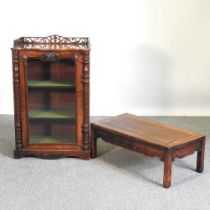 A Victorian burr walnut serpentine pier cabinet, with a fret carved gallery, 59cm wide, together