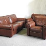 A modern brown leather three piece suite, comprising a sofa, 220cm wide and a pair of armchairs (3)
