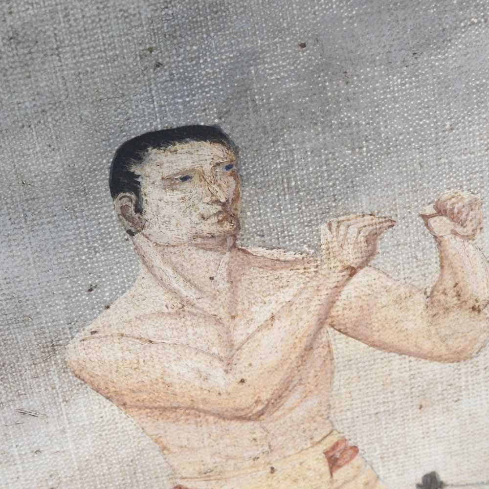 English school, 20th century, a bare fisted boxer in a ring, oil on canvas, unframed , 51 x 41cm - Image 4 of 5