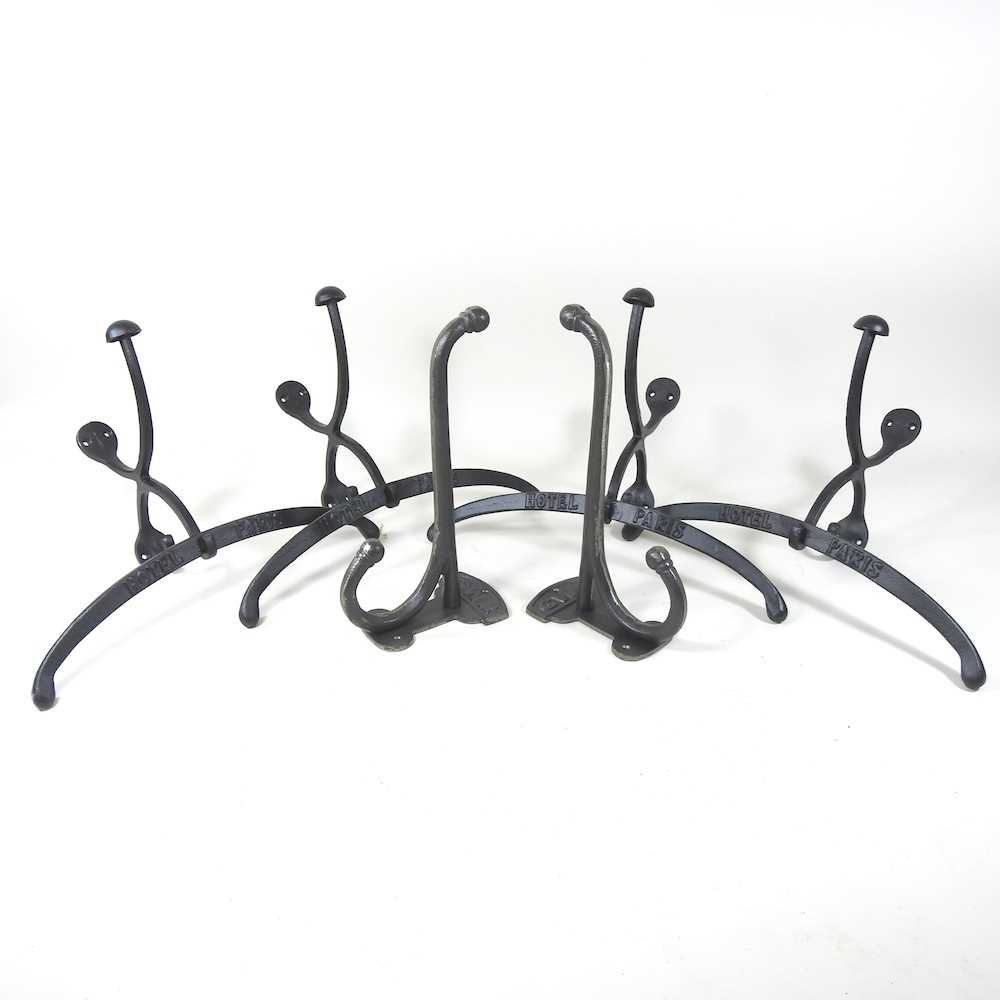 Two pairs of metal Hotel de Paris coat hooks, together with two GWR large metal hat hooks (6)