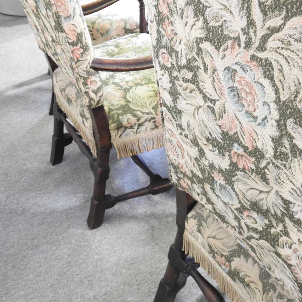 A set of six Carolean style carved walnut elbow chairs, with floral upholstery (6) - Image 2 of 5