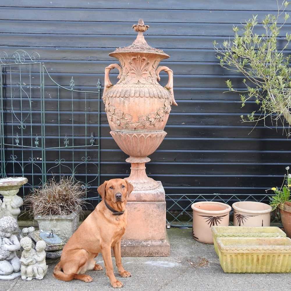 A very large terracotta stone garden urn and cover, of twin handled form, relief decorated with - Image 3 of 7