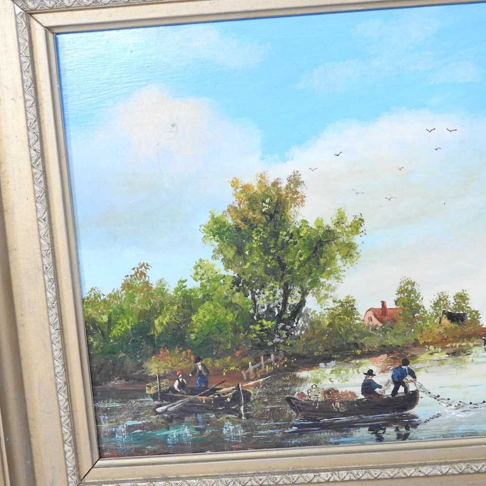 Dutch school, 19th century, river landscape with fishermen, oil on board, 19 x 29cm - Image 7 of 10