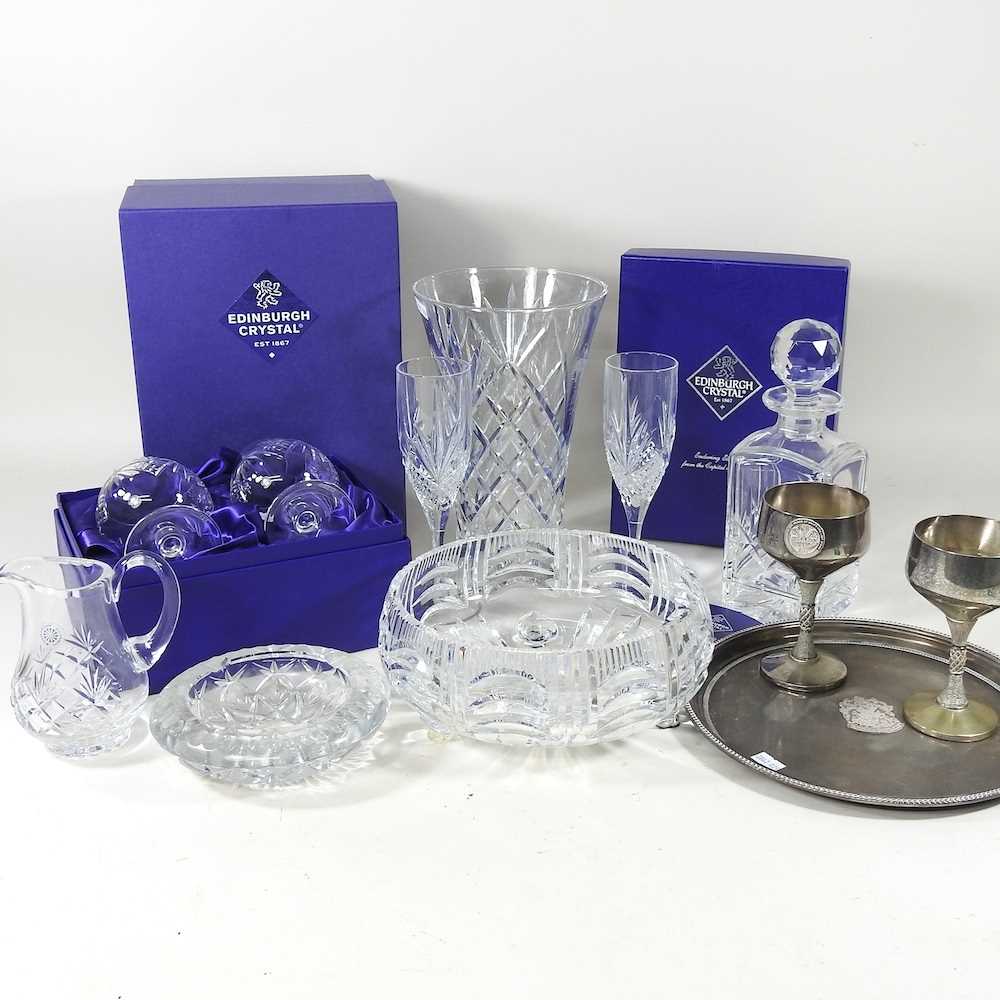 An Edinburgh crystal decanter and stopper, 24cm high, boxed, together with brandy glasses, a pair of