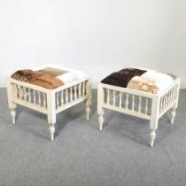 A pair of animal fur upholstered footstools, each with a white painted base (2) 50w x 50d x 45h cm