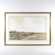 Claude Hayes, 1852-1922, extensive landscape with a horse drawn cart, signed watercolour, 45 x 70cm