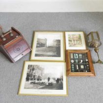 A Victorian coal scuttle, together with a brass lantern, a smoking display and various pictures