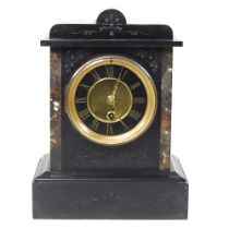 A Victorian black slate and marble mantel clock, 21cm high