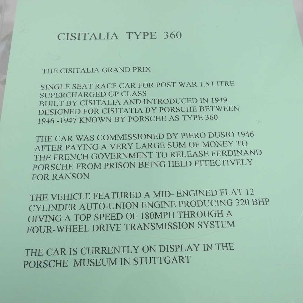 Paola Cristino, 20th century, a hand carved model of a Cisitalia Type 360 Porshe Grand Prix 1947 - Image 2 of 7