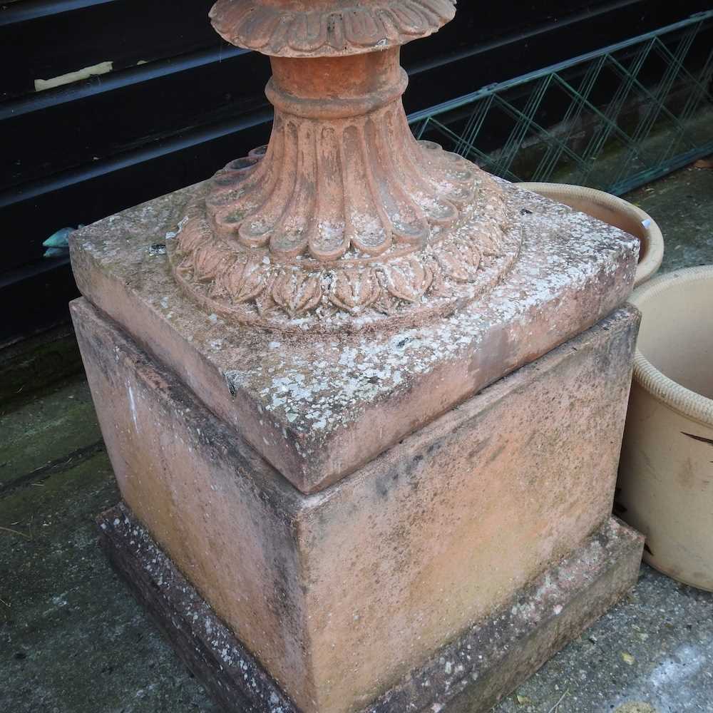 A very large terracotta stone garden urn and cover, of twin handled form, relief decorated with - Image 5 of 7