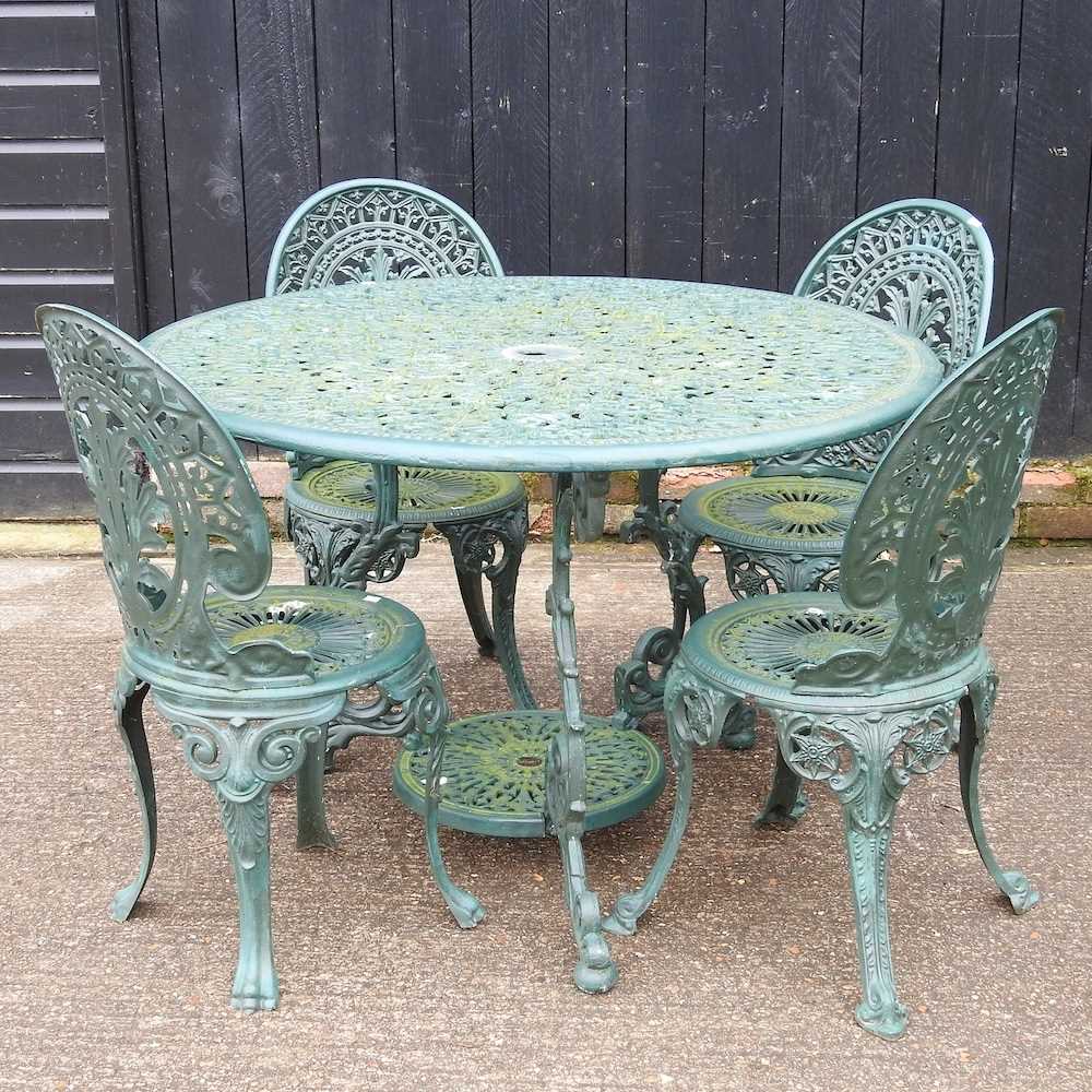 A green painted aluminium garden table and four chairs (5)