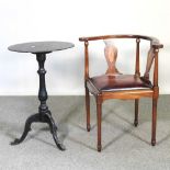 An Edwardian corner chair, together with a tripod table with a slate top (2) 48w x 72h cm