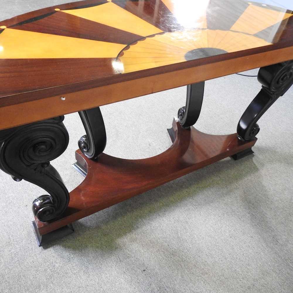 A continental parquetry console table, 20th century, with a half round radially veneered top, on - Image 5 of 6