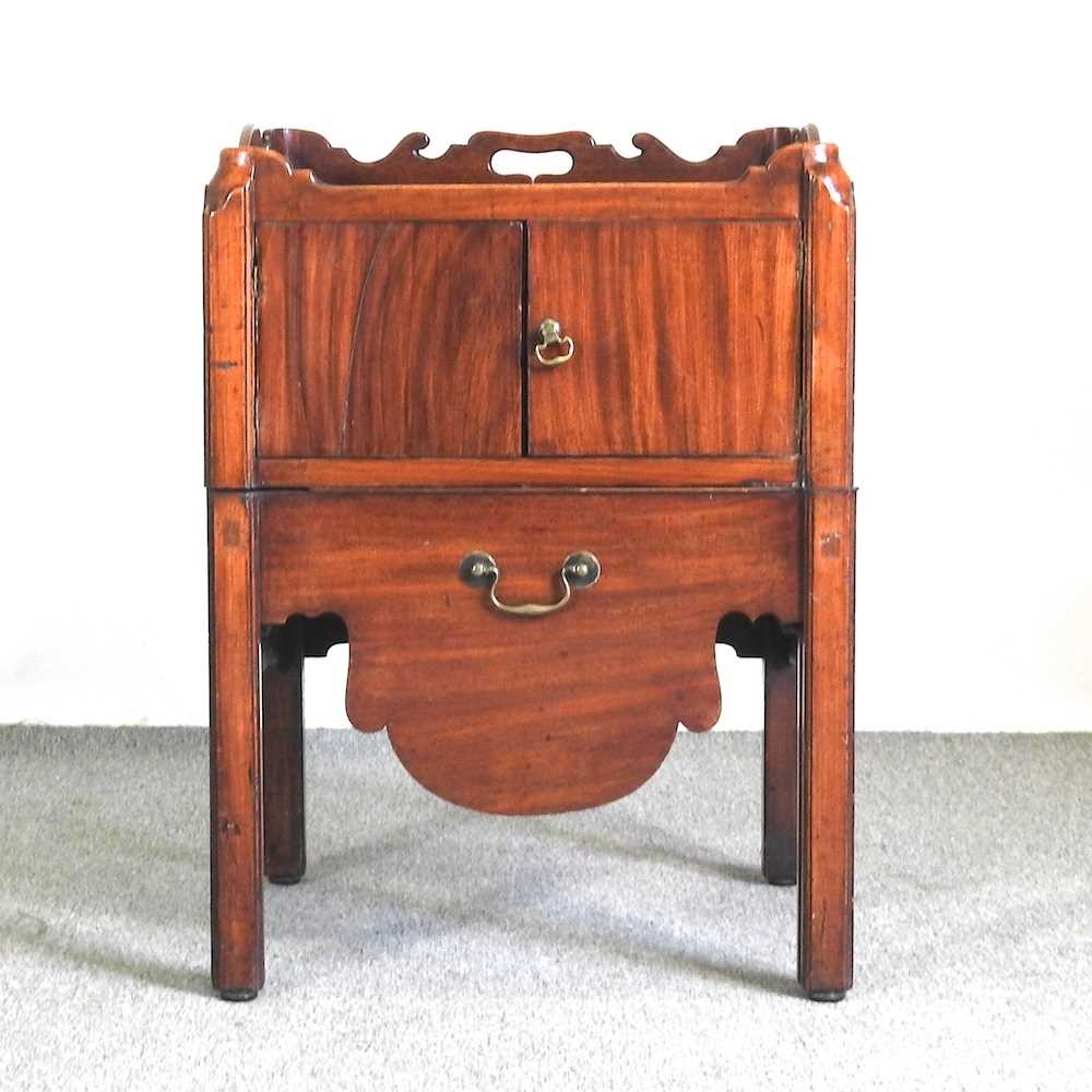 A George III style mahogany tray top commode, with a gallery back 55w x 46d x 76h cm