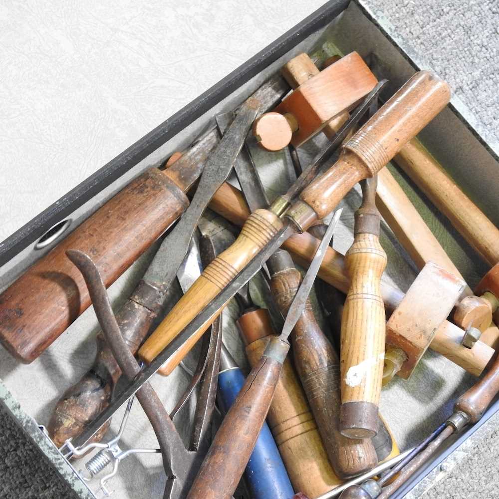 A 19th century wooden tool box, 106cm wide, containing a collection of vintage hand tools - Image 2 of 10