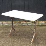 A garden table, on a metal base 99w x 60d x 72h cm Overall condition is solid and usable. The top is