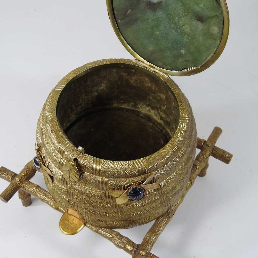 A 19th century gilt brass jewellery box, in the form of a bee skep, with a velvet lined interior, - Image 3 of 5