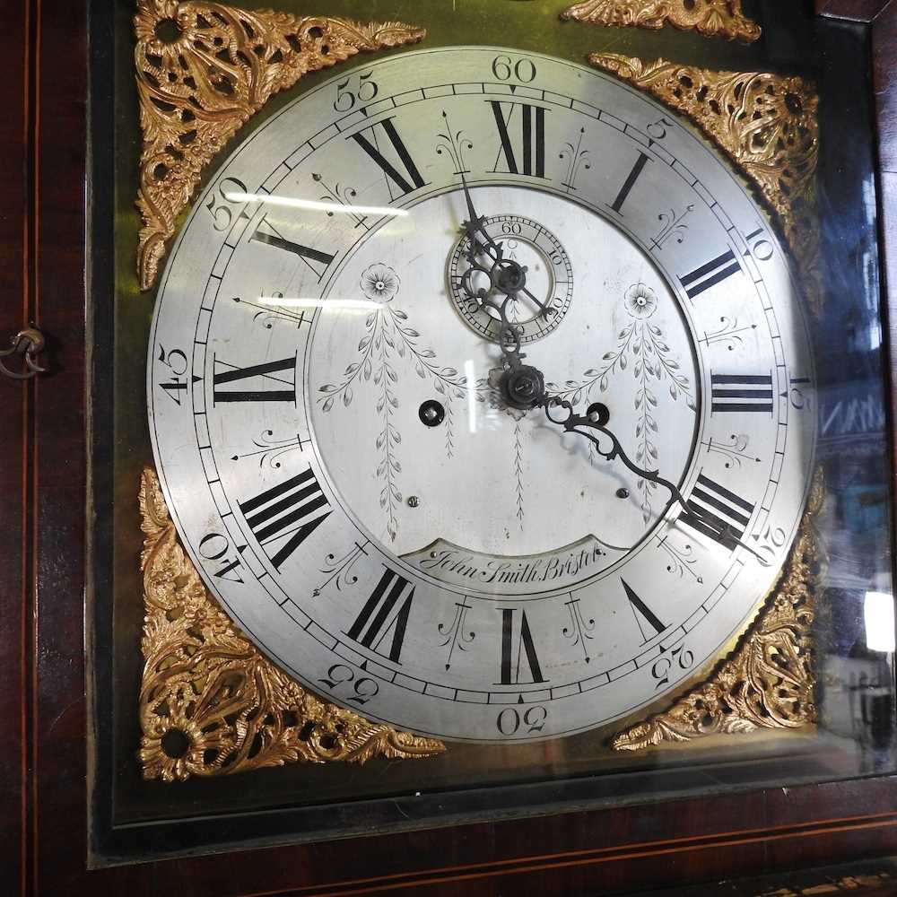A George III oak and mahogany crossbanded cased longcase clock, with a swan neck pediment, the - Image 3 of 12