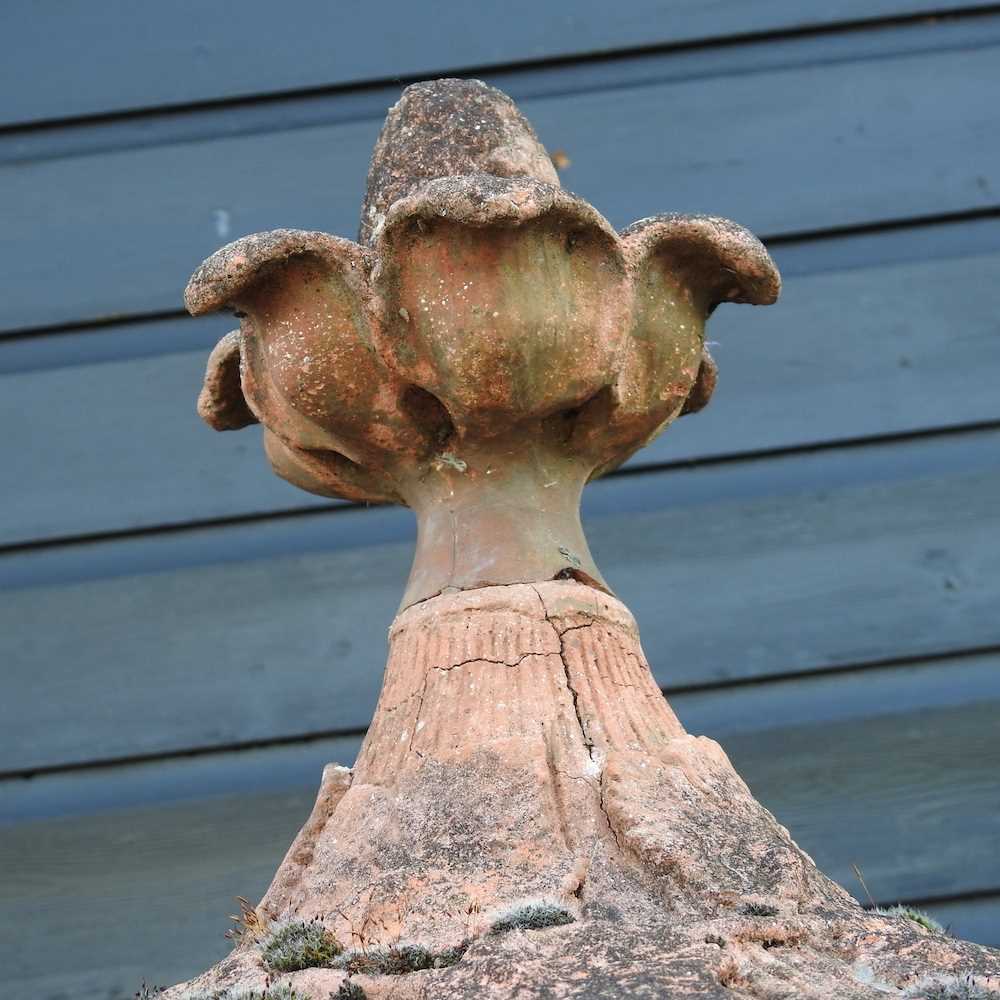 A very large terracotta stone garden urn and cover, of twin handled form, relief decorated with - Image 7 of 7