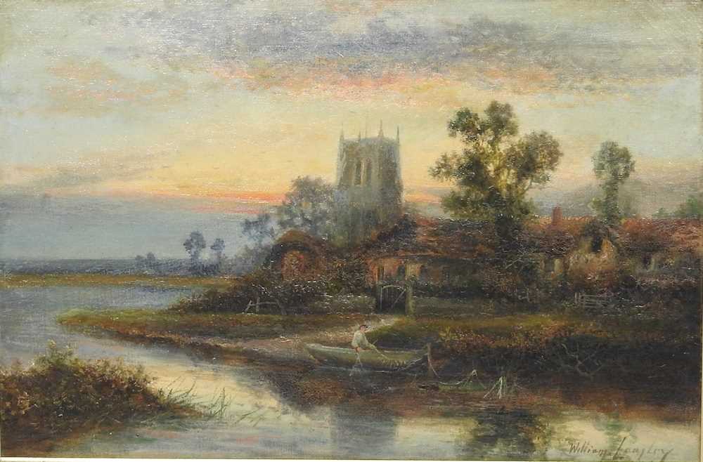 William Langley, act. 1880-1920, church landscape on the Thames, signed oil on canvas, 40 x 60cm - Image 3 of 6