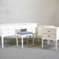 A white painted desk, together with a stool and a pair of bedside chests (4) 137w x 45d x 72h cm